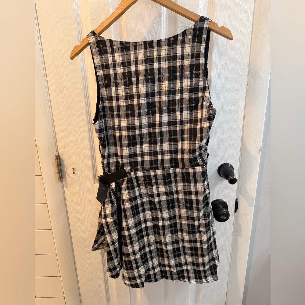 Cider Plaid Black and White Ruched Mini Dress - Picture 3 of 7